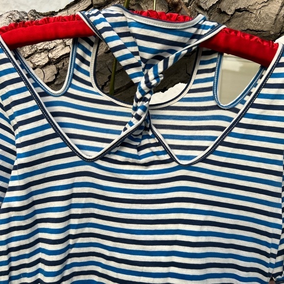 See by Chloé Blue & White Stripes Cotton Peep-Shoulder Racerback Dress | Small - Picture 8 of 9